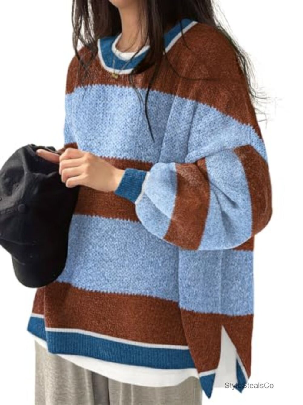 Oversized Ribbed Pullover Sweater Side Slit Crew Neck Knit